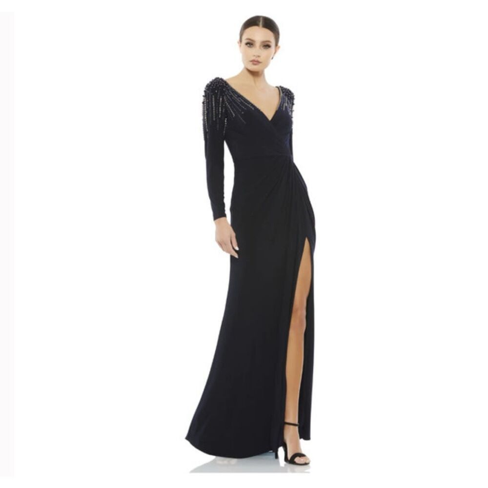 Mac Duggal Jersey Gown Embellished Accents Shoulders Sz 6 Midnight Navy Nwt